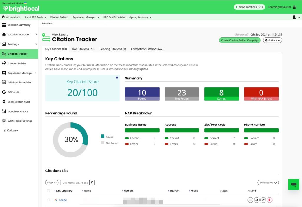 Brightlocal Location Dashboard Citation Tracker